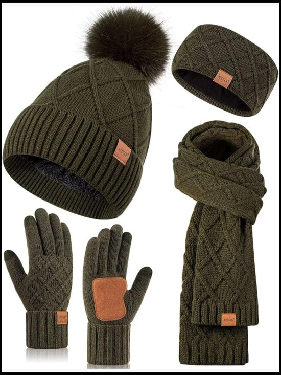 4 Piece Winter Hat Gloves Scarf Headband Set with Pom Pom Beanie Touchscreen main image 5